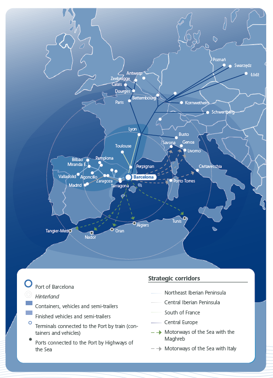 Map of main connections between the Port of Barcelona and the hinterland, 2024
