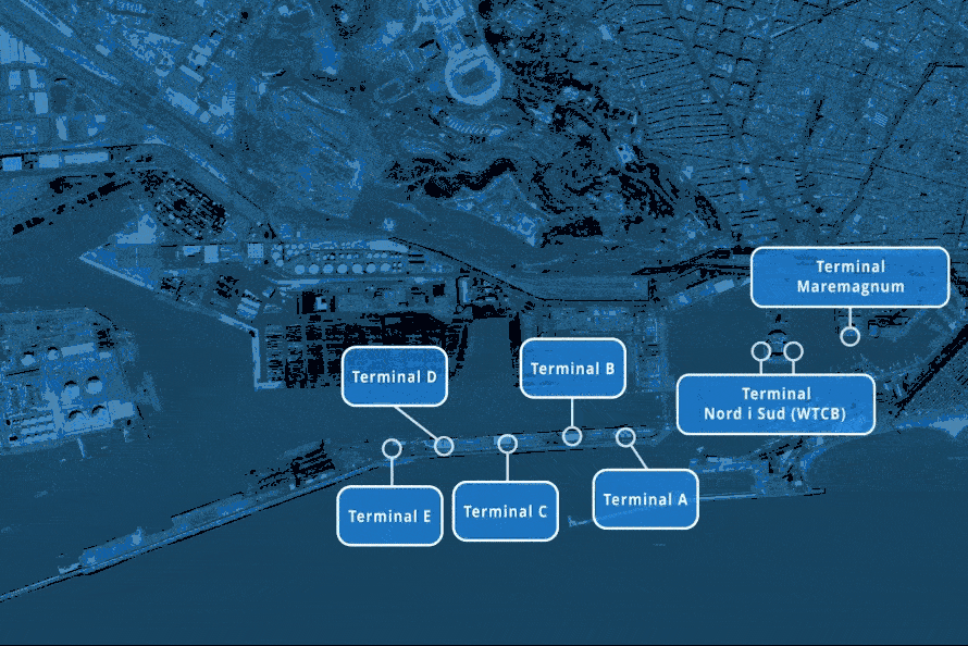 Gif animado que muestra un mapa del Port de Barcelona con la distribución de las terminales