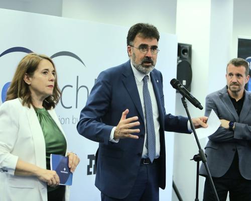 Port of Barcelona president Lluís Salvadó, accompanied by Director of Port Innovation Emma Cobos, and Tech Barcelona CEO Miquel Martí.