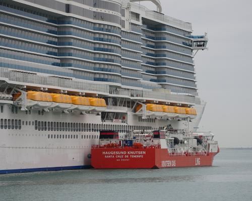 The Haugesund Knutsen bunkering barge during the LNG bunkering operation to the Costa Smeralda cruise ship performed today.