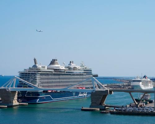 The Mein Schiff Relax cruise ship, docked at the Adossat Wharf of the Port of Barcelona.