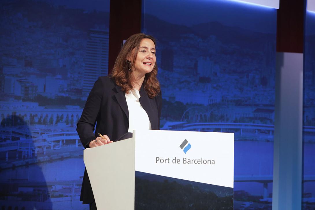 Mercè Conesa, presidenta del Port de Barcelona, durant la presentació del IV Plan Estratégico 2021-2025, celebrada a la seu de Foment del Treball.