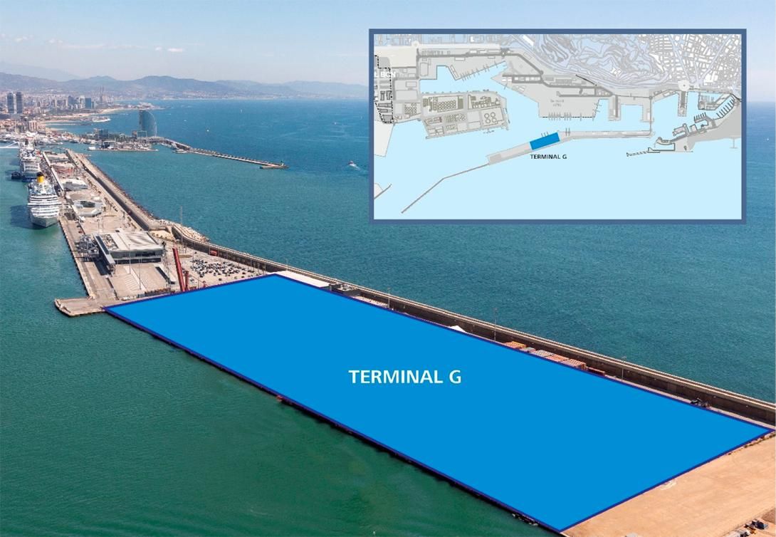 Espacio del moll Adossat donde se ubicará la Terminal G y mota de los recintos del futuro muelle Catalunya en la dársena Prat.