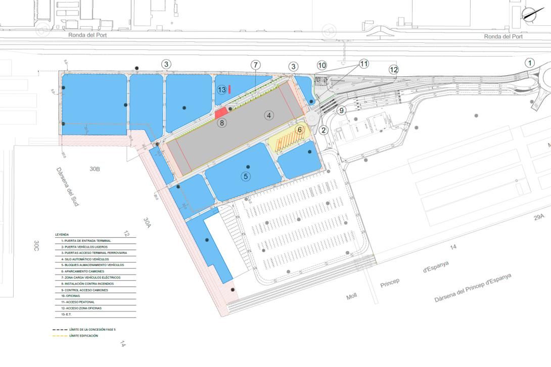 Plano de la futura terminal de vehículos de NYK en el muelle Príncep d’Espanya.
