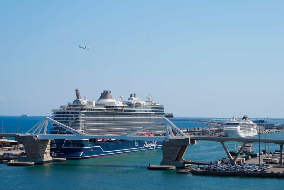 The Mein Schiff Relax cruise ship, docked at the Adossat Wharf of the Port of Barcelona.