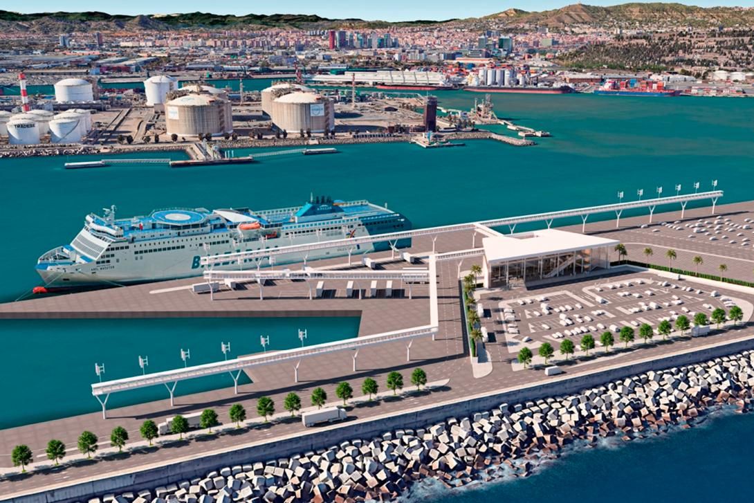 The future ferry terminal at the Adossat wharf, according to the project presented by Baleària.
