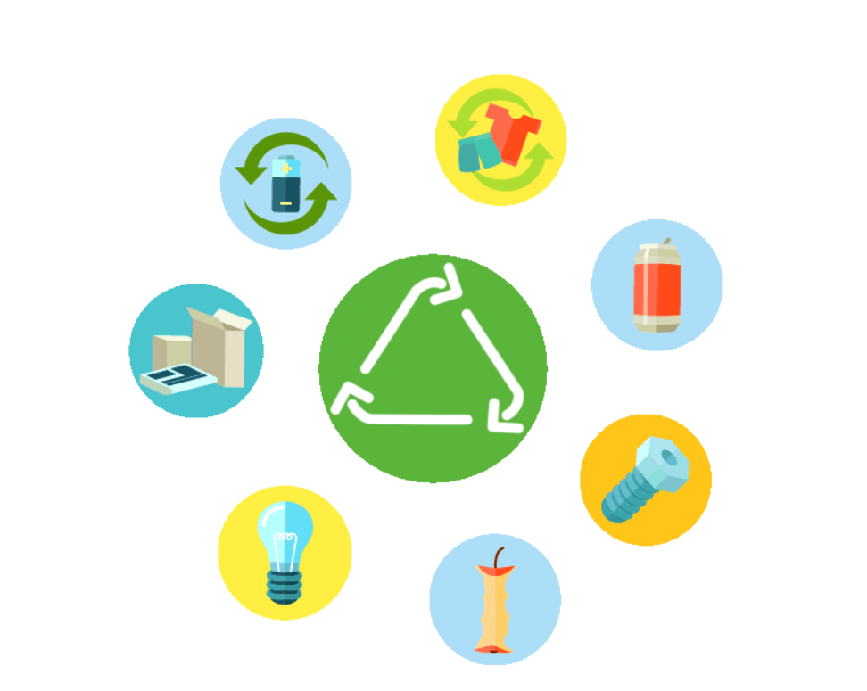 Illustration of a recycling symbol surrounded by icons of the waste separated and recycled aboard cruise ships: batteries, clothing, cans, metal, organic matter, light bulbs and cardboard.